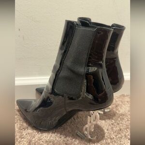 Saint Laurent Black Patent Ankle Boots with Silver Heel